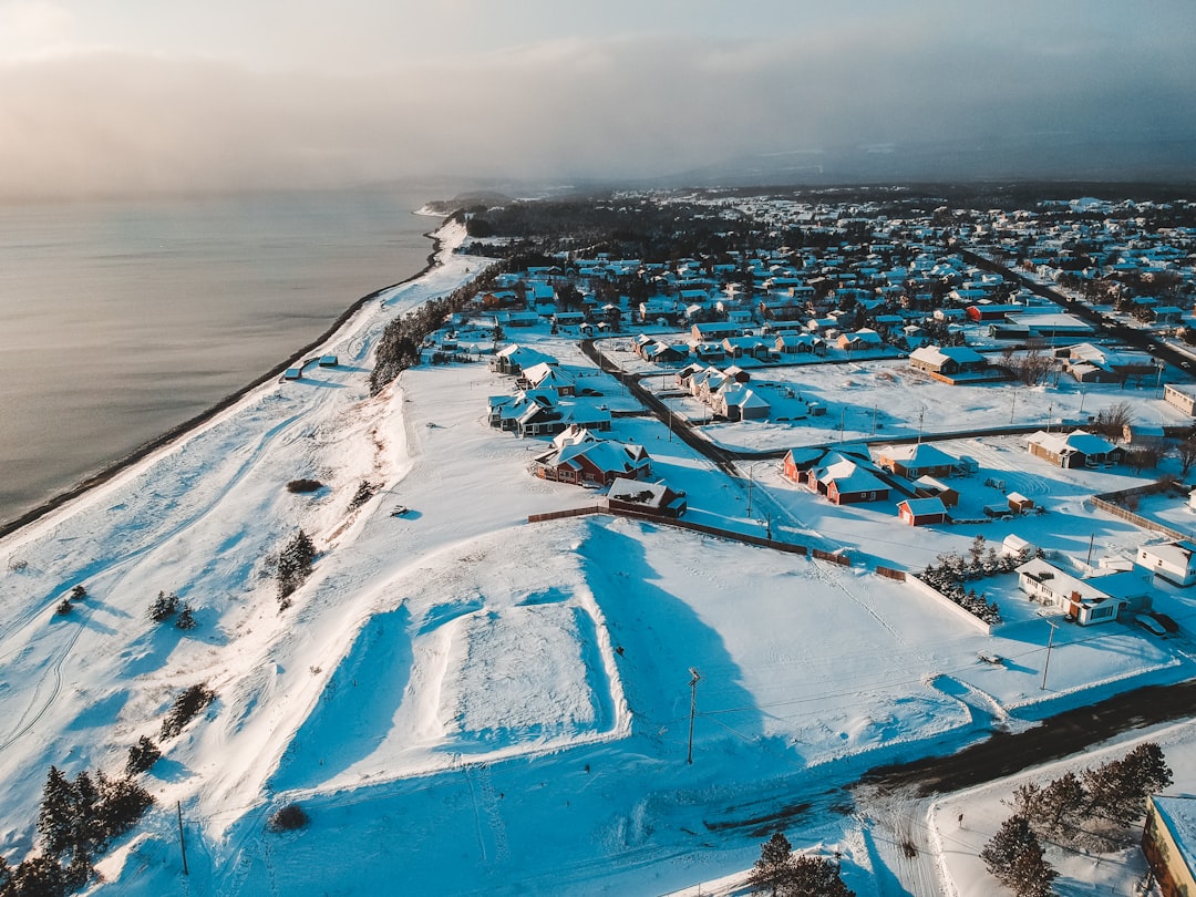 aerial photography of houses and field covered with snow viewing body of water under white sky