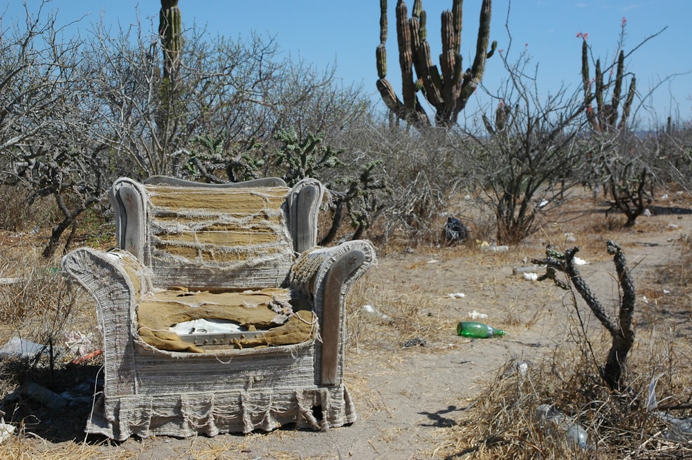 Silla de sofá rasgada en un camino de tierra cerca de cactus