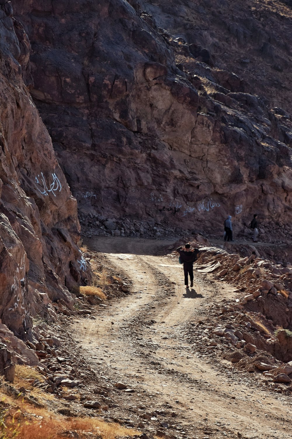 people walking near rock cliffs