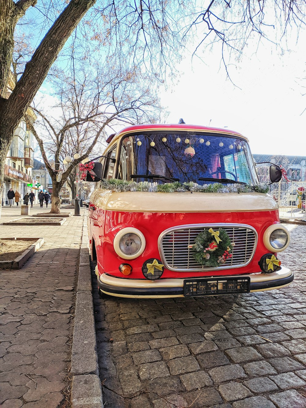 red and white bus