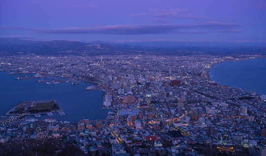 aerial view of cityscape and body of water in Hakodate Japan
