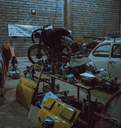 assorted tools and parts inside building