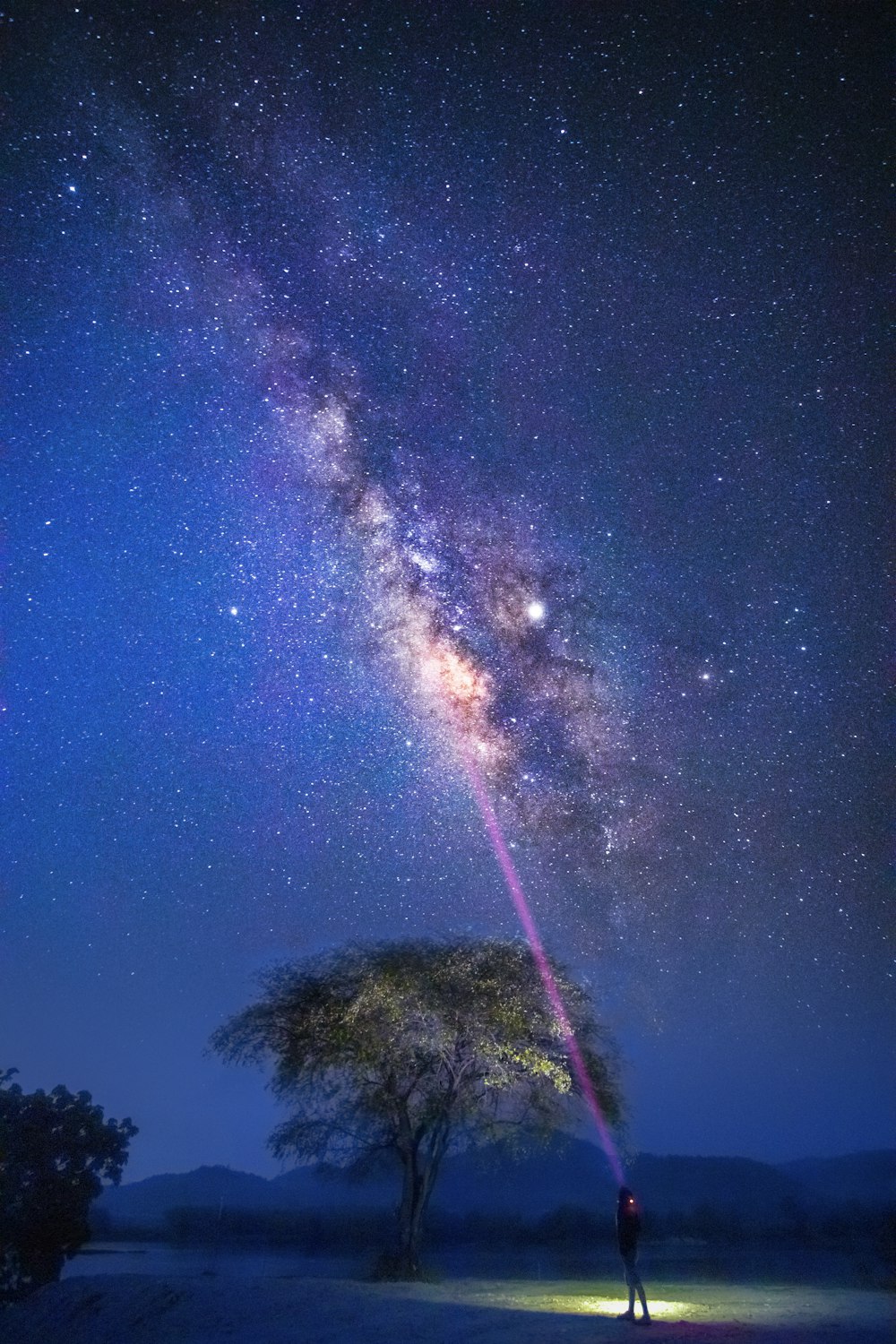 a person standing in the middle of a field under a night sky filled with stars