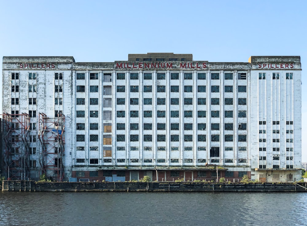 Millennium Mills buildings under blue and white sky