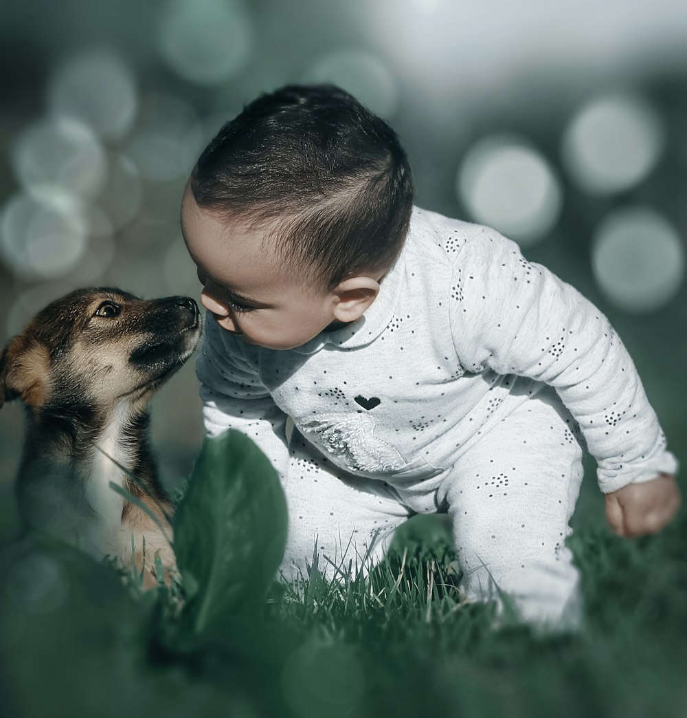 toddler boy leaning towards a puppy