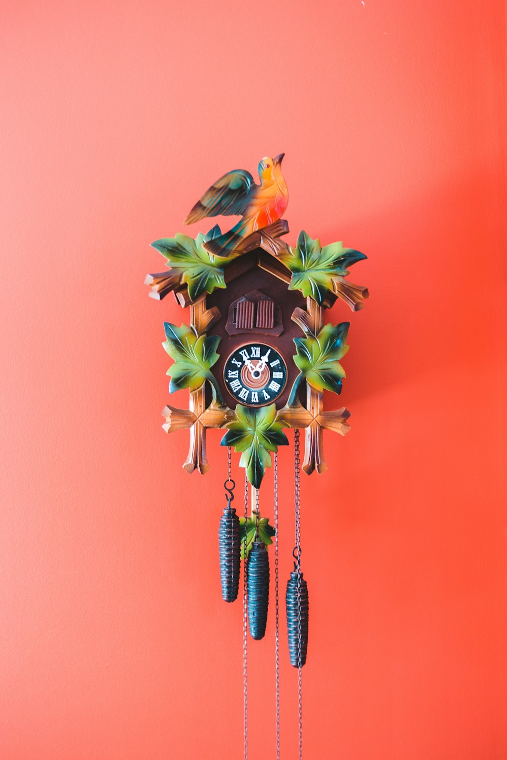 multicolored cuckoo clock on red wall