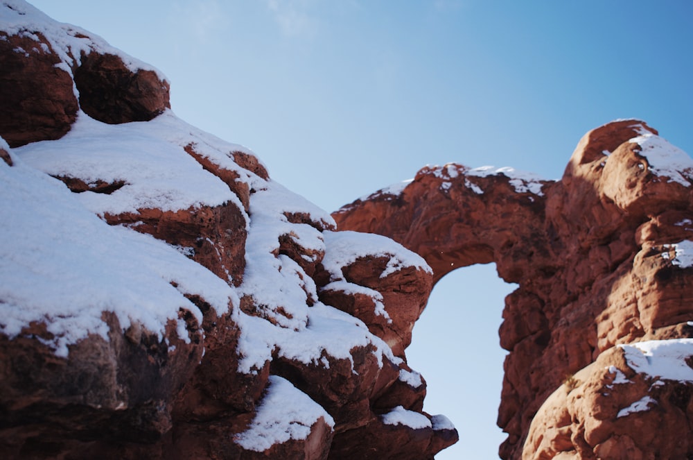 low-angle photography of a snow-covered rocky mountain