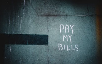 A weathered wall with a faded green texture features graffiti that reads 'PAY MY BILLS' in white paint. A dark horizontal line runs across the left side of the wall.