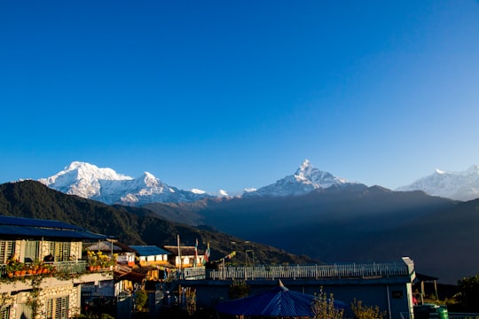 rocky snow-capped mountain under clear blue sky during daytime in Annapurna Nepal
