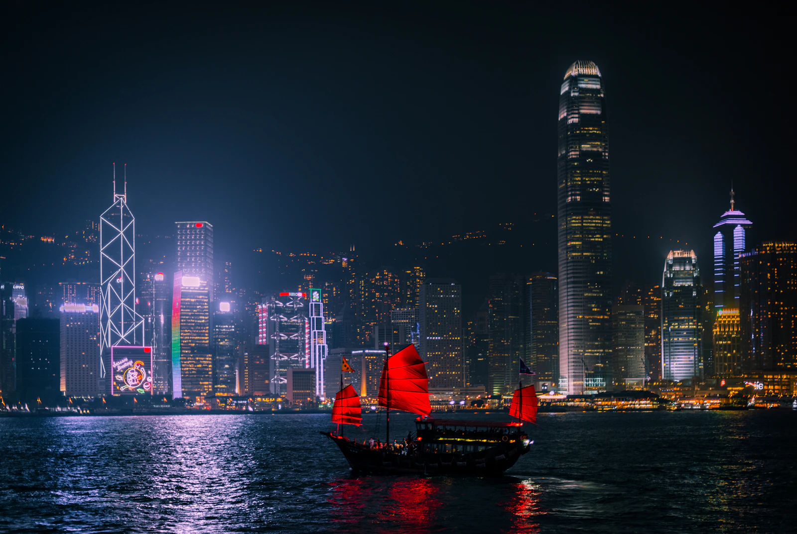 Hong Kong skyline reflected on the harbour at night