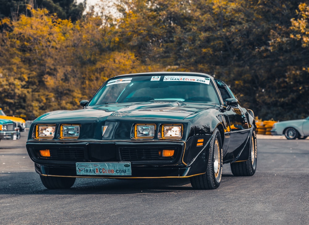 classic black coupe near cars during day