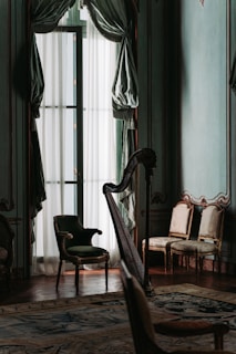An elegant harp placed in a softly lit room, inviting a sense of tranquility.