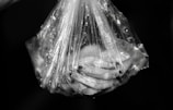 A translucent plastic bag contains multiple shrimp, with their slender bodies and antennae visible through the wrapping. The entire scene is captured in black and white, emphasizing the texture of the bag and its contents.