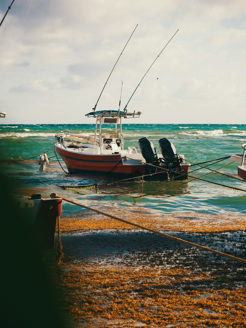 red and white boat on shore