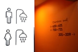 On the left, there are simplistic black line drawings of a male and female figure, each with a showerhead symbol above, indicating restroom or shower facilities. On the right, an orange wall features black text with the word 'Chambres' and directional arrows pointing to room numbers, suggesting this is a hallway in a hotel or lodging establishment.