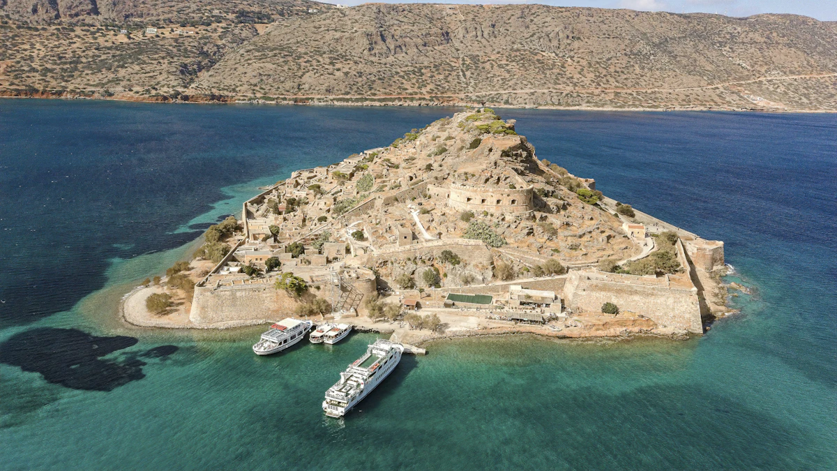 The island fortress of Spinalonga off the coast near Elounda, Crete