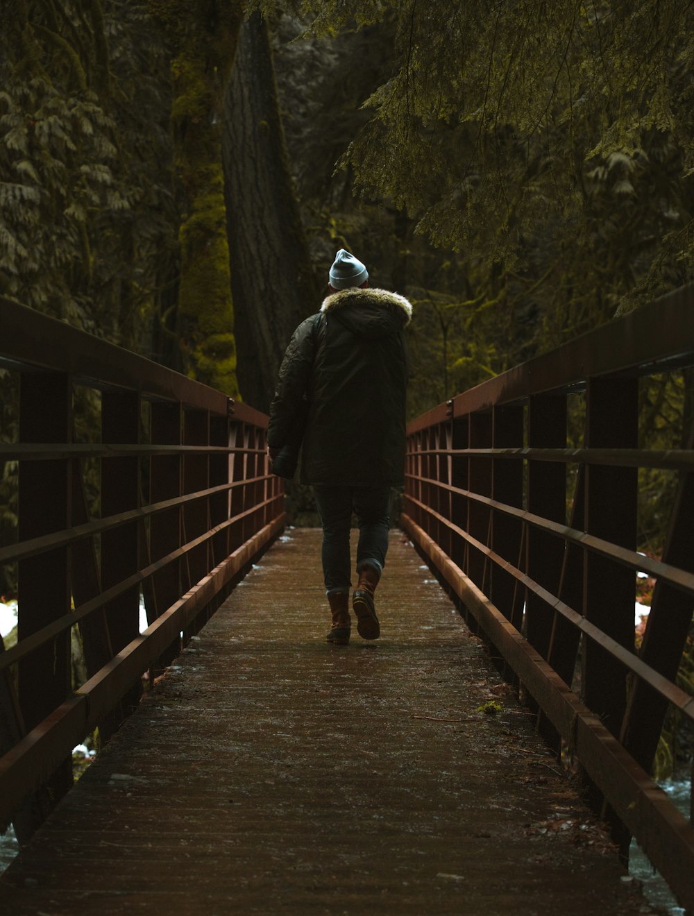 person walking on wooden bridge during daytime