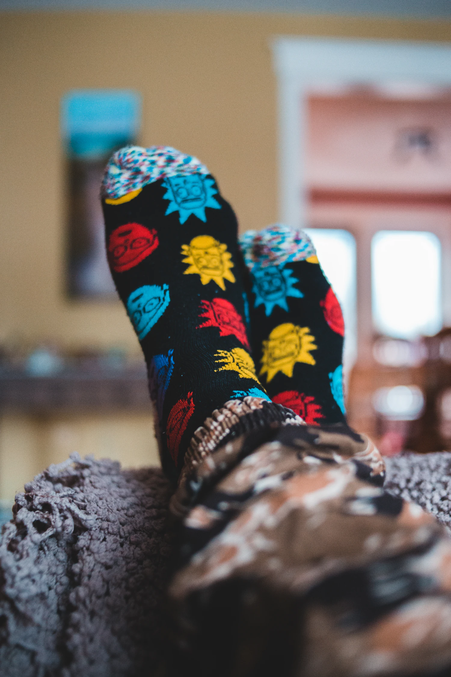 Midnight motif crew socks in black with bright embroidered shapes, in stock