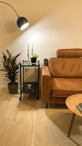 A modern living room corner with a stylish lamp and a small indoor plant on a side table.