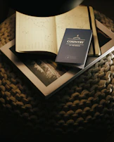 Close-up of a thoughtful traveler planning a trip with a notebook and laptop in a cozy setting.