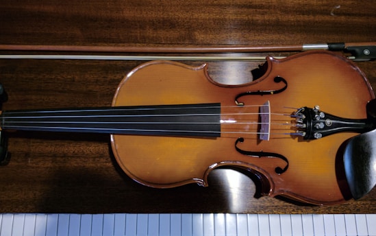 brown and black violin beside brown bow on brown surface