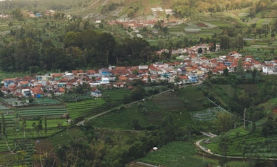 A small village with clustered houses, primarily featuring red-tiled roofs, is nestled within a lush, green landscape. Surrounding the village are terraced fields, trees, and patches of vegetation, suggesting agricultural activity. The scene is set on a hillside, providing an elevated view of the village and the surrounding natural environment.