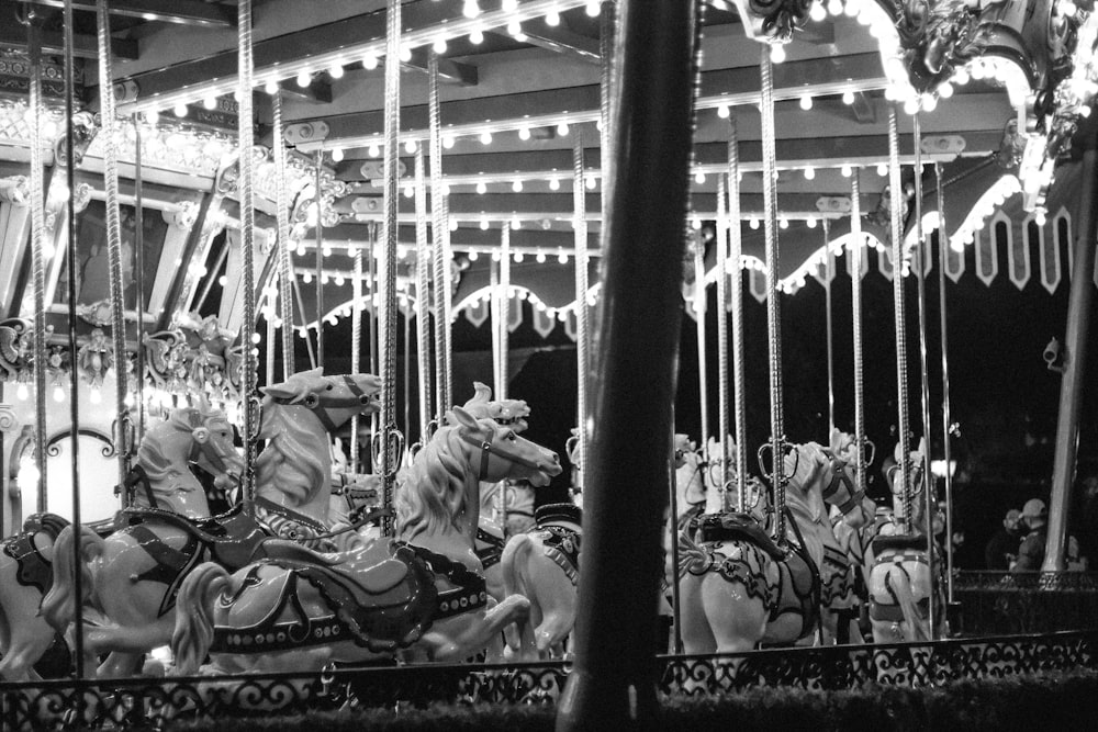 grayscale photography of carousel