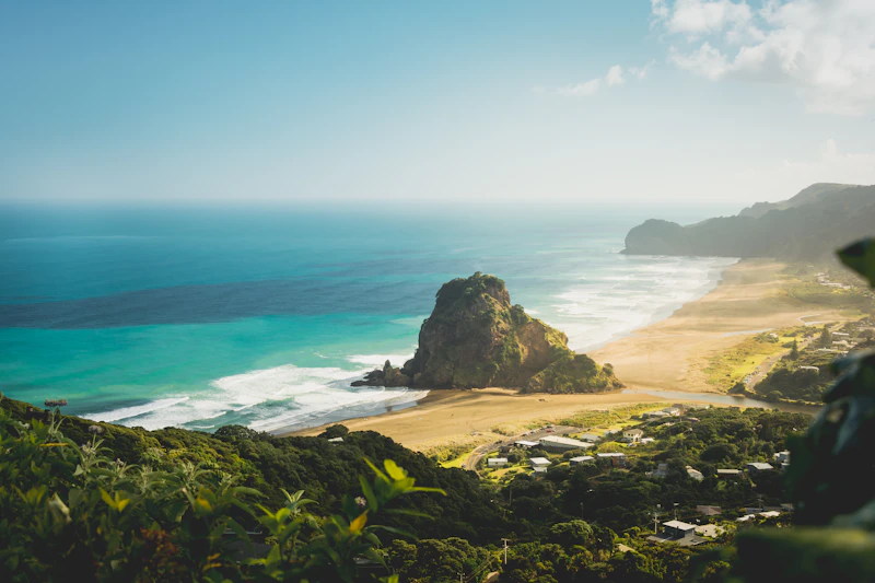 Piha Beach black sand and Lion Rock