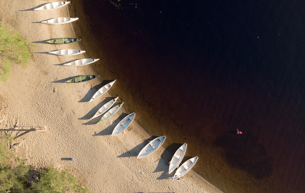 white canoes on shore