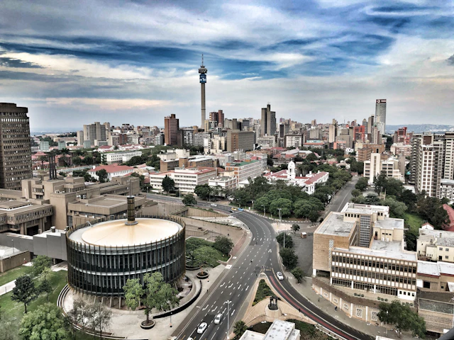 Johannesburg skyline and airport travel atmosphere