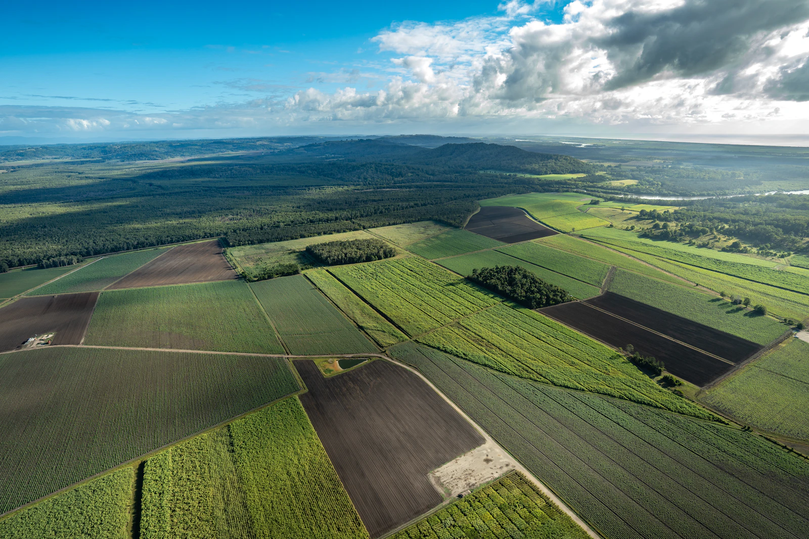 Stock photograph of cultivated green and brown fields beneath an open sky