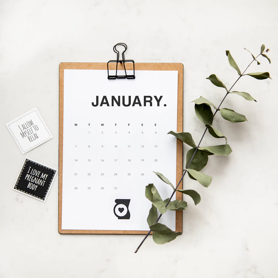 Calendrier minimaliste à côté de feuilles vertes