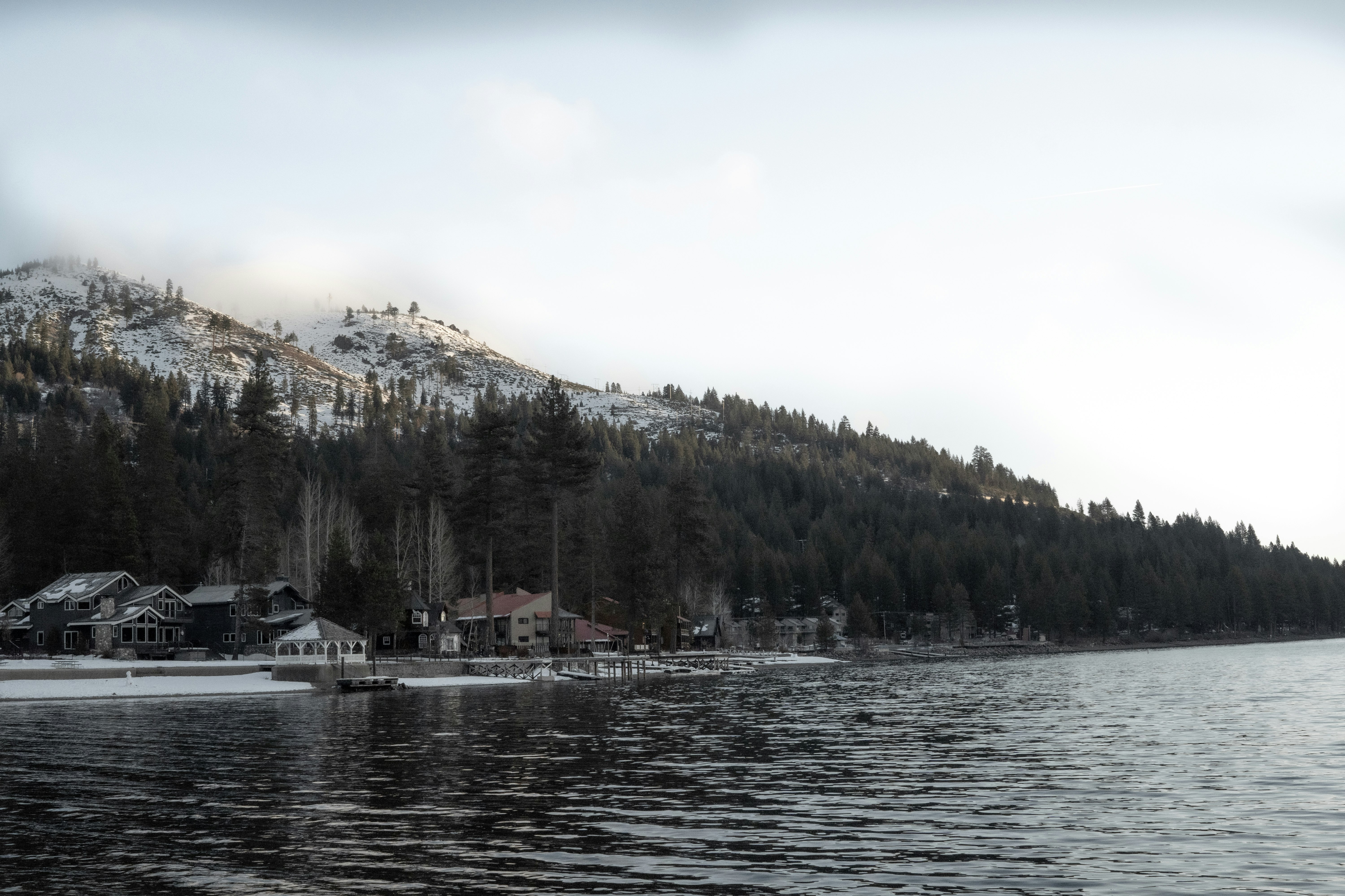 Lake Donner shoreline and mountains.