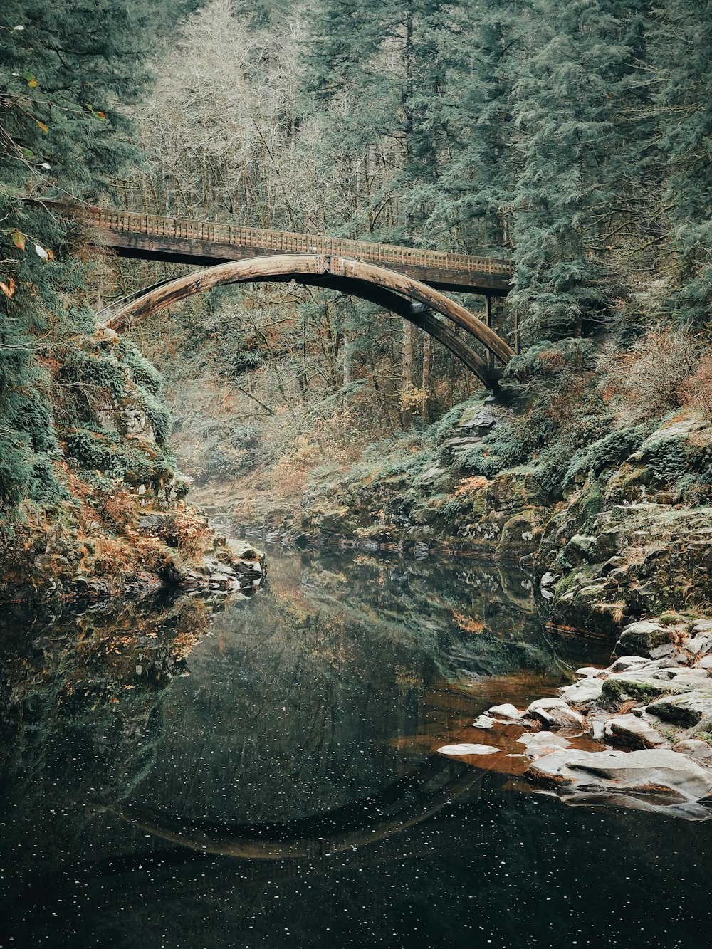 reflection of a bridge over body of water