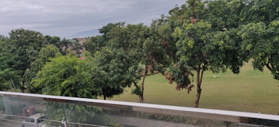 A lush, green landscape featuring several large trees with dense foliage overlooking a manicured lawn. In the background, there are more trees creating a layered effect, with a hint of mountains visible under a cloudy sky. A transparent barrier suggests a viewpoint from a balcony or terrace, and a white car is parked on a road beneath.