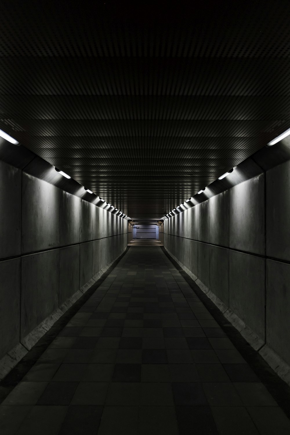 gray concrete tunnel pathway with lights