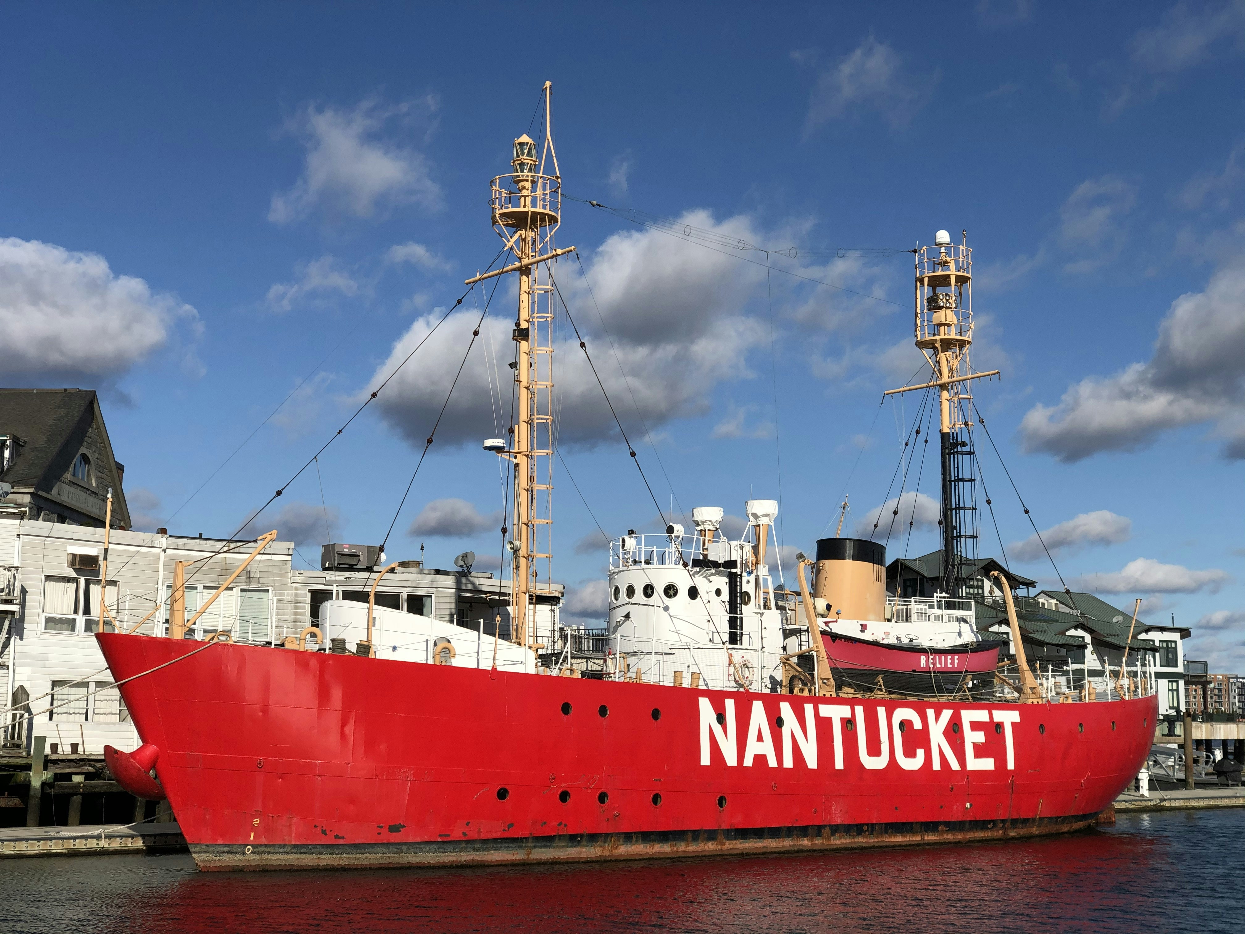 red and white Nantucket boat, Lighthouse ship Nantucket in Boston Harbor