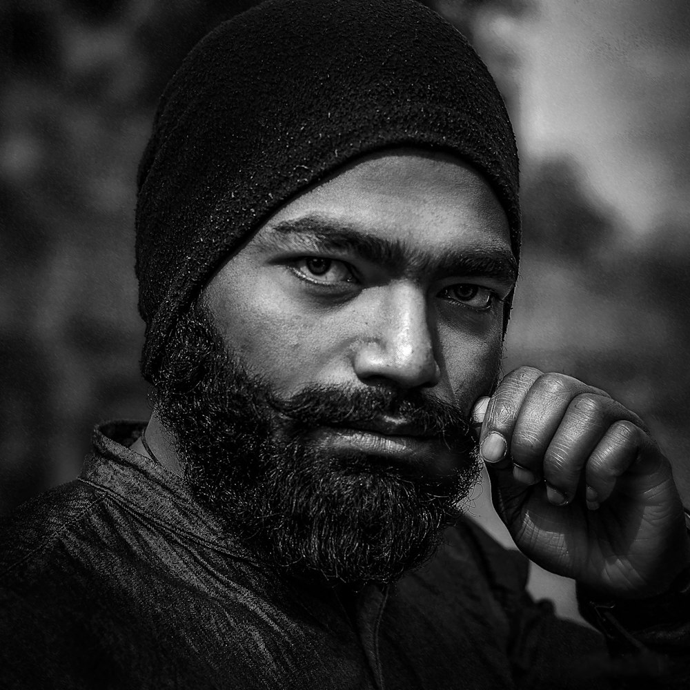 greyscale photography of man