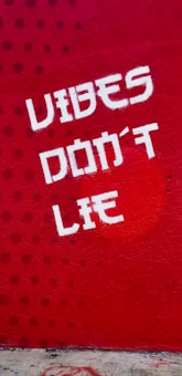 A graffiti-style text painted on a rough, textured surface with a bold red background. The words 'VIBES DON'T LIE' are prominently displayed in white, using a stencil-like font. Darker red dots create a pattern on the upper part of the wall.