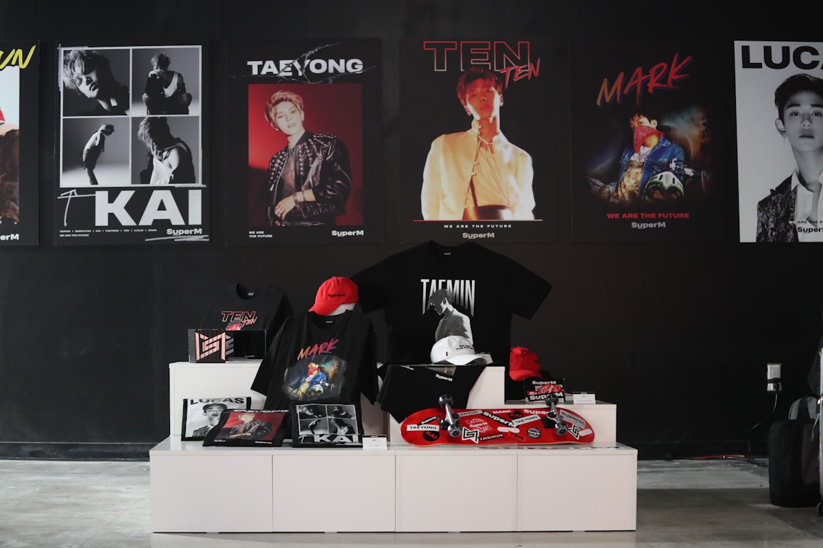 A retail display of clothing and accessories inside a physical store, useful as a merchandising visual metaphor for product-page presentation.