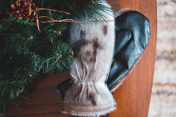 A pair of cozy woolen mittens resting on a bed of fresh snow with pine branches nearby.
