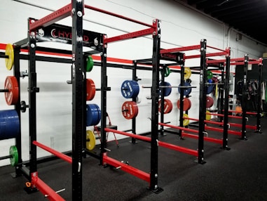 three red barbell machines