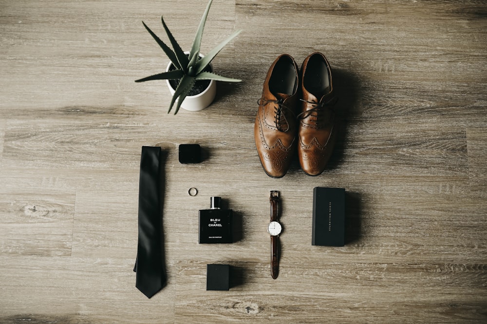 pair of brown leather dress shoes