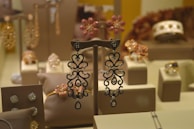 A display case filled with various types of jewelry including ornate earrings, rings, and bracelets, all set on beige display stands. The background features blurred images of floral designs and metallic patterns, contributing to an elegant and opulent atmosphere.