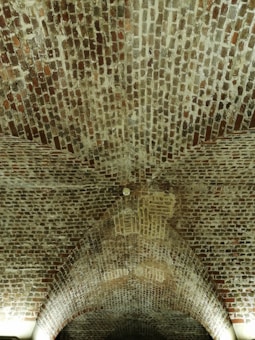 A detailed view of a brick archway showcasing intricate masonry work with various shades of red and brown bricks. The ceiling features a symmetrical curve with visible mortar lines.