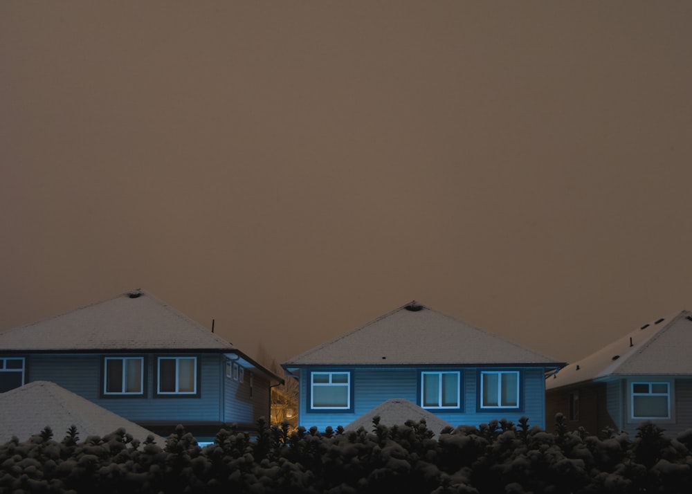 three blue houses