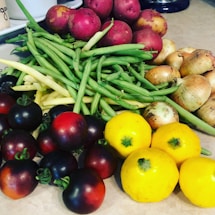 A variety of fresh vegetables laid out on a countertop, including red potatoes, green and yellow beans, onions, yellow squash, and dark red tomatoes.