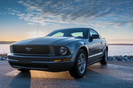 black Ford Mustang coupe parking near road