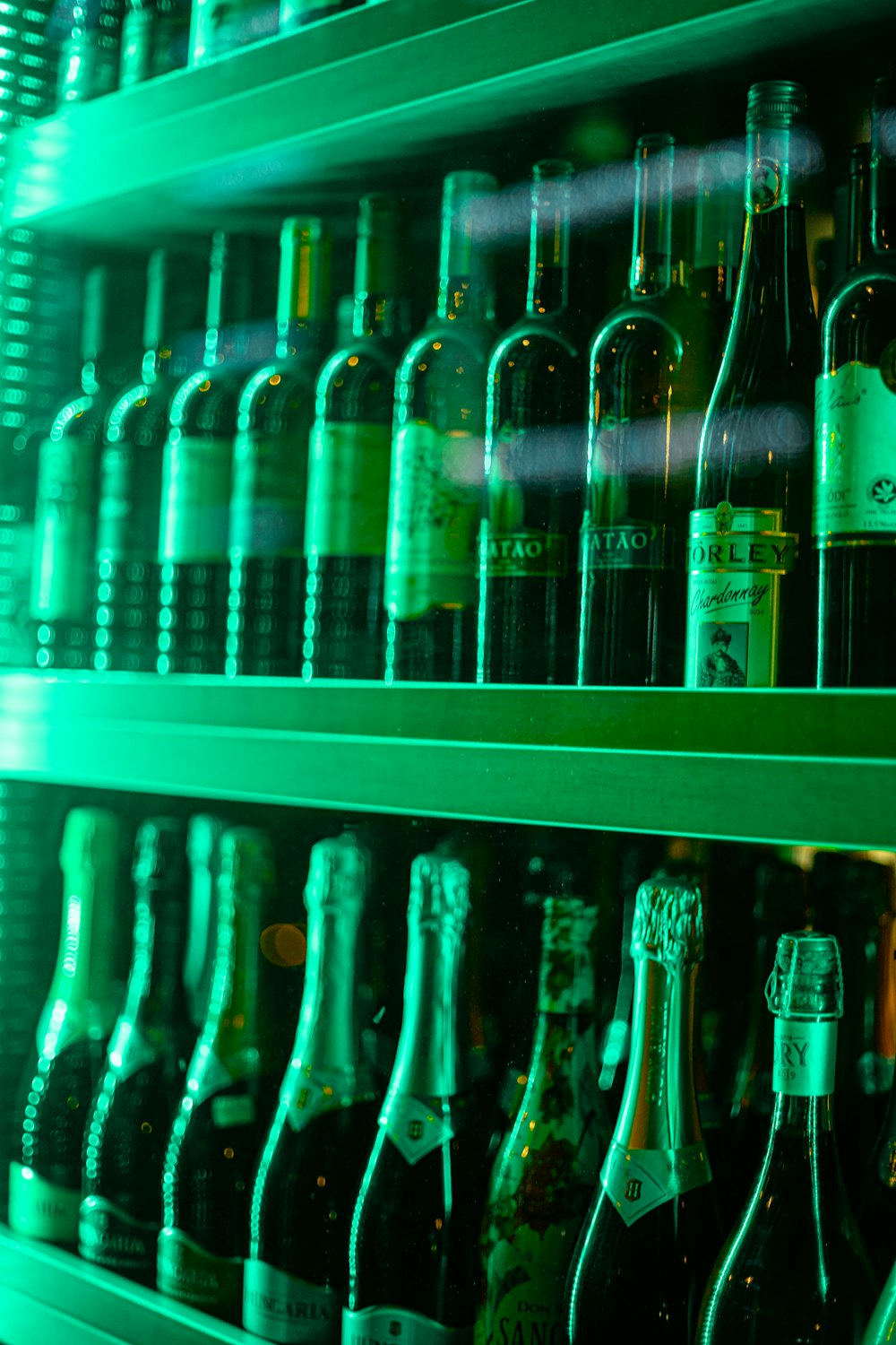 different wine bottles on display