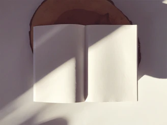 A serene blank notebook lying open on a wooden desk, bathed in soft morning light.